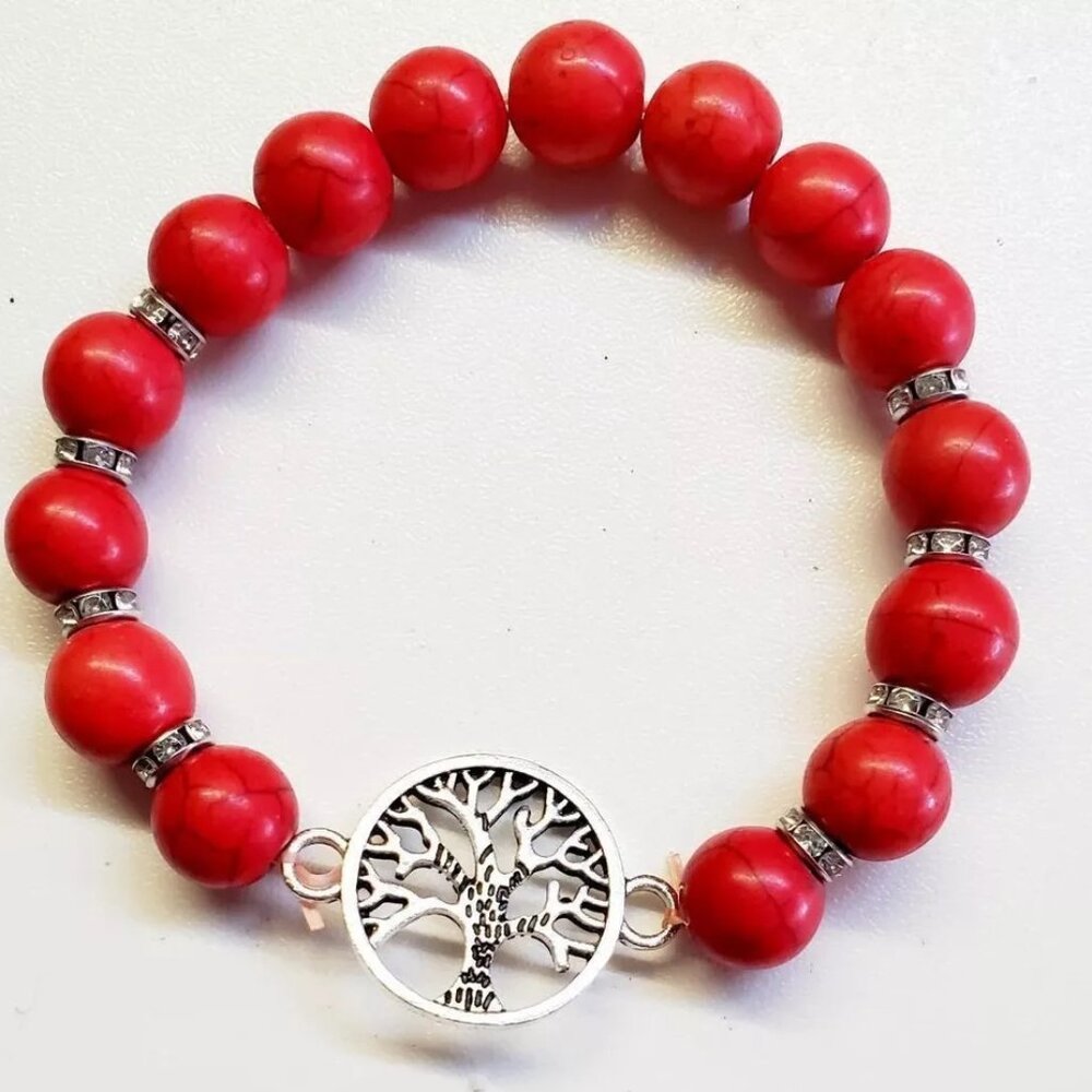 Red Stone Tree Of Life Beaded Stretch Bracelet